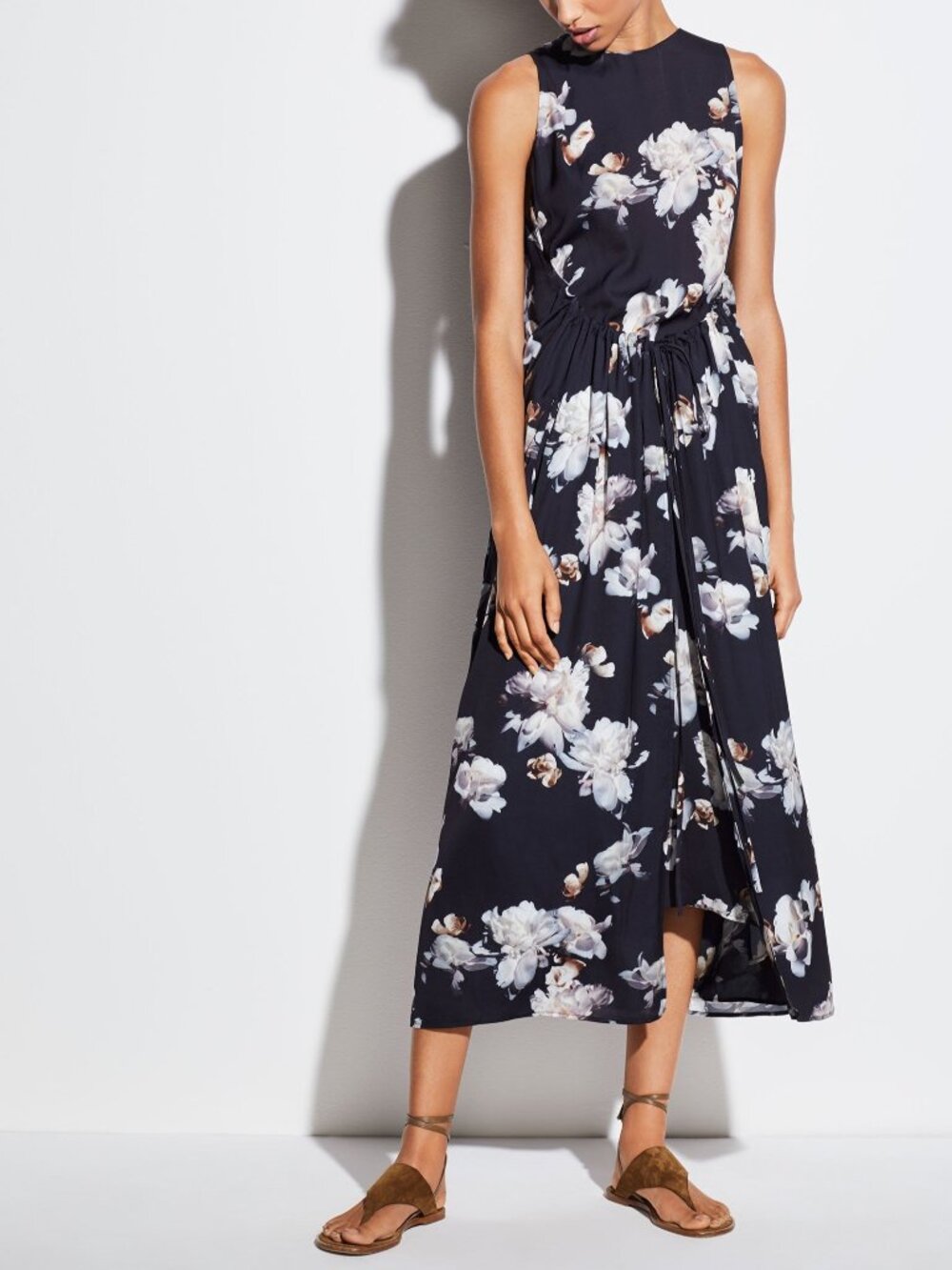 Vince Peony Print Shirred Drawstring Midi Dress Black Floral NWT Size L $395
